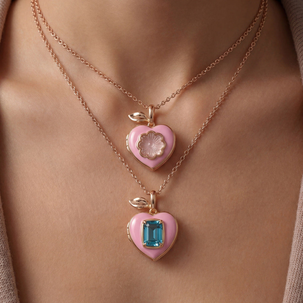 Pink Peach Locket Necklace — pink necklace, view 3