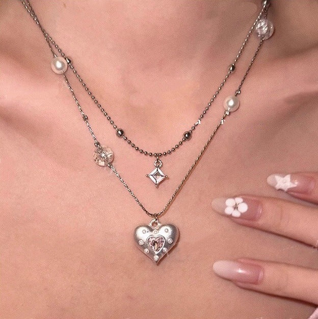 Double-Layer Heart Pendant Necklace — silver necklace, view 2