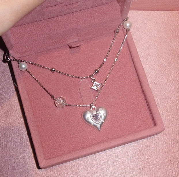Double-Layer Heart Pendant Necklace — silver necklace, view 3