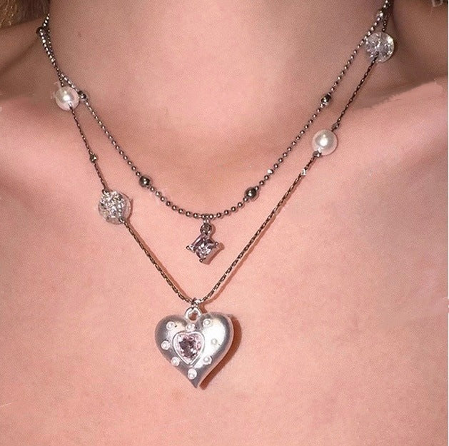 Double-Layer Heart Pendant Necklace — silver necklace, view 4