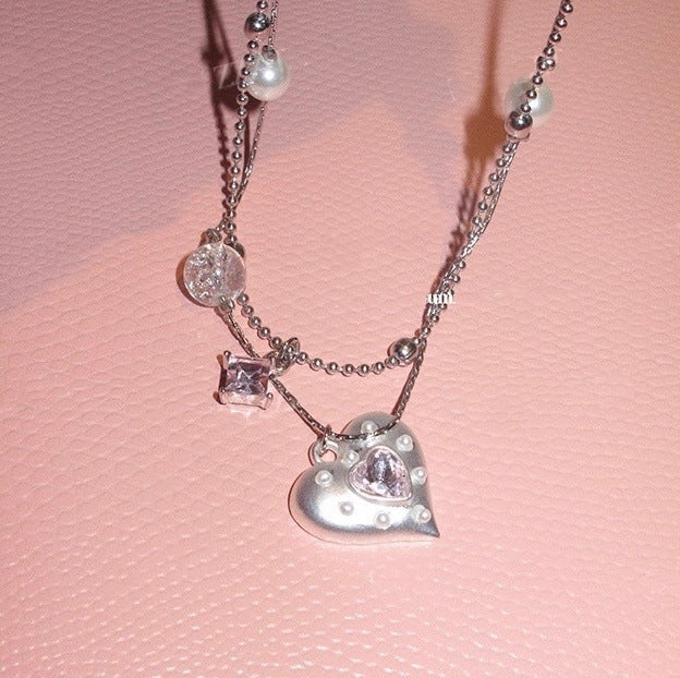 Double-Layer Heart Pendant Necklace — silver necklace, view 6