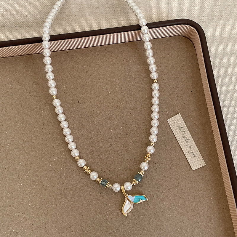 Fishtail Pendant Pearl Chain Necklace — white necklace, view 2