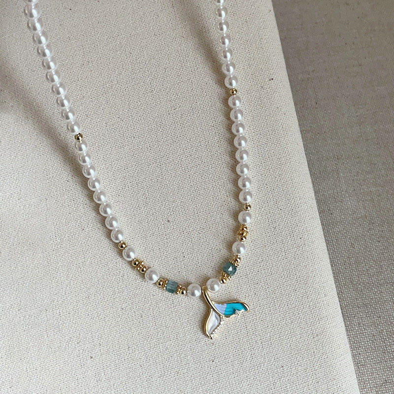 Fishtail Pendant Pearl Chain Necklace — white necklace, view 3