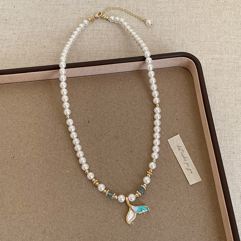 Fishtail Pendant Pearl Chain Necklace — white necklace, view 5