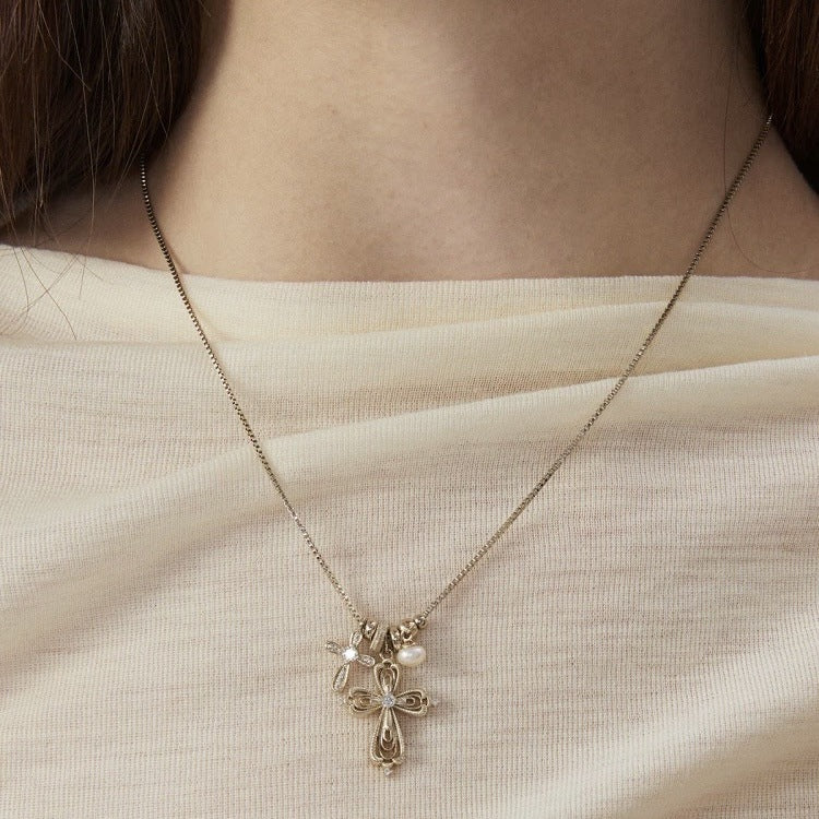 Gold Cross Pendant Pearl Necklace — necklace, view 4