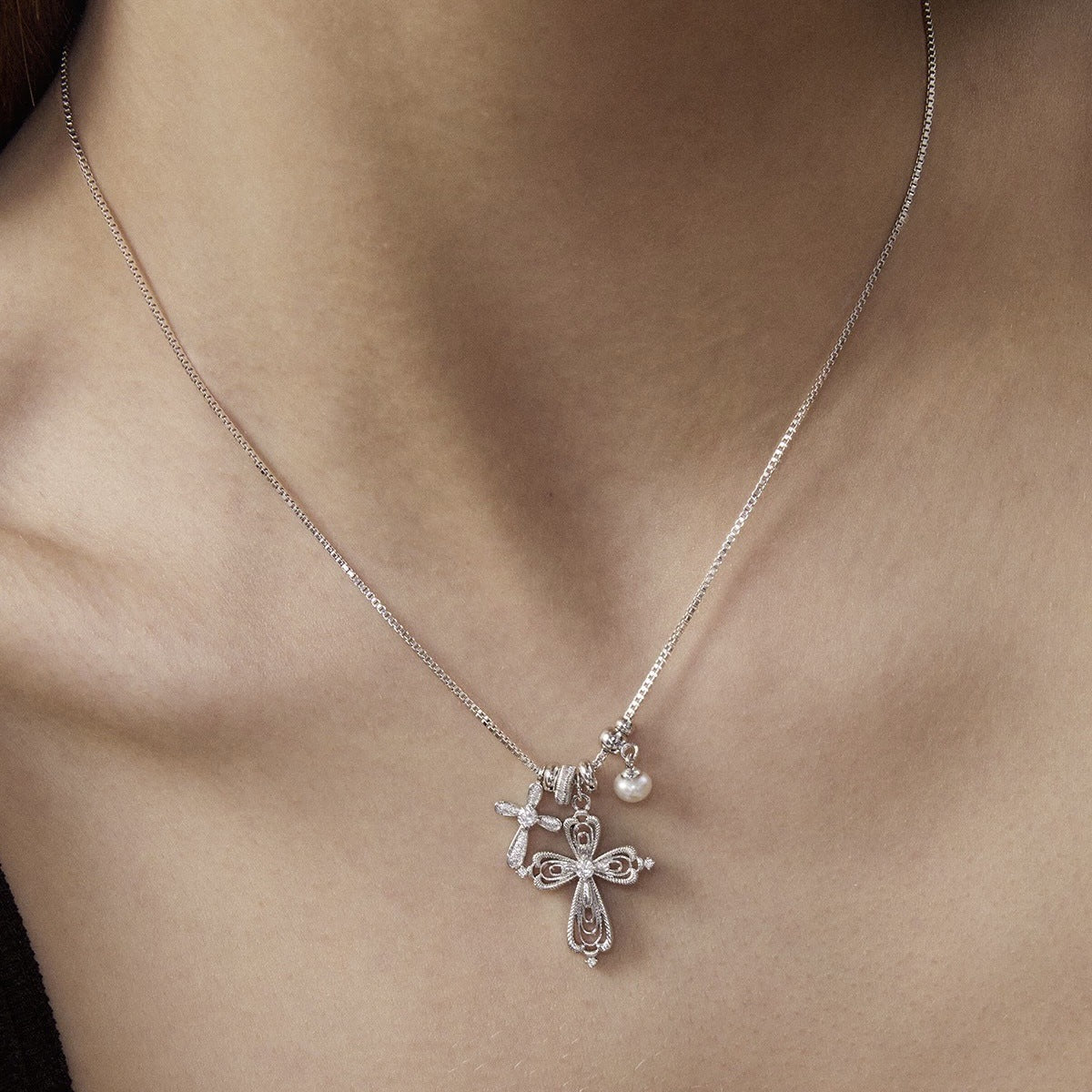 Gold Cross Pendant Pearl Necklace — necklace, view 5