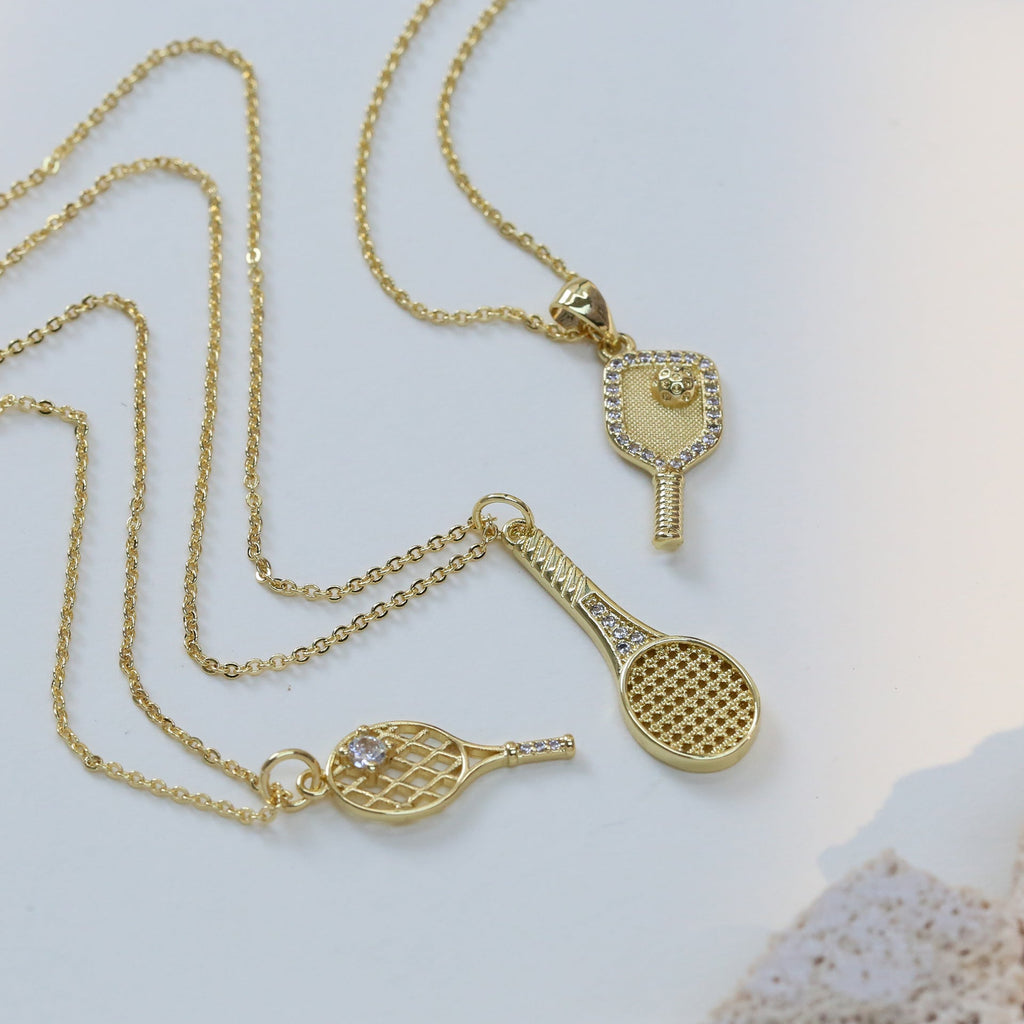 Gold Tennis Racket Necklace — gold necklace, view 2