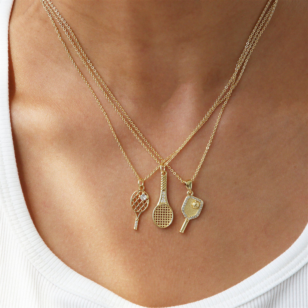 Gold Tennis Racket Necklace — gold necklace, view 3