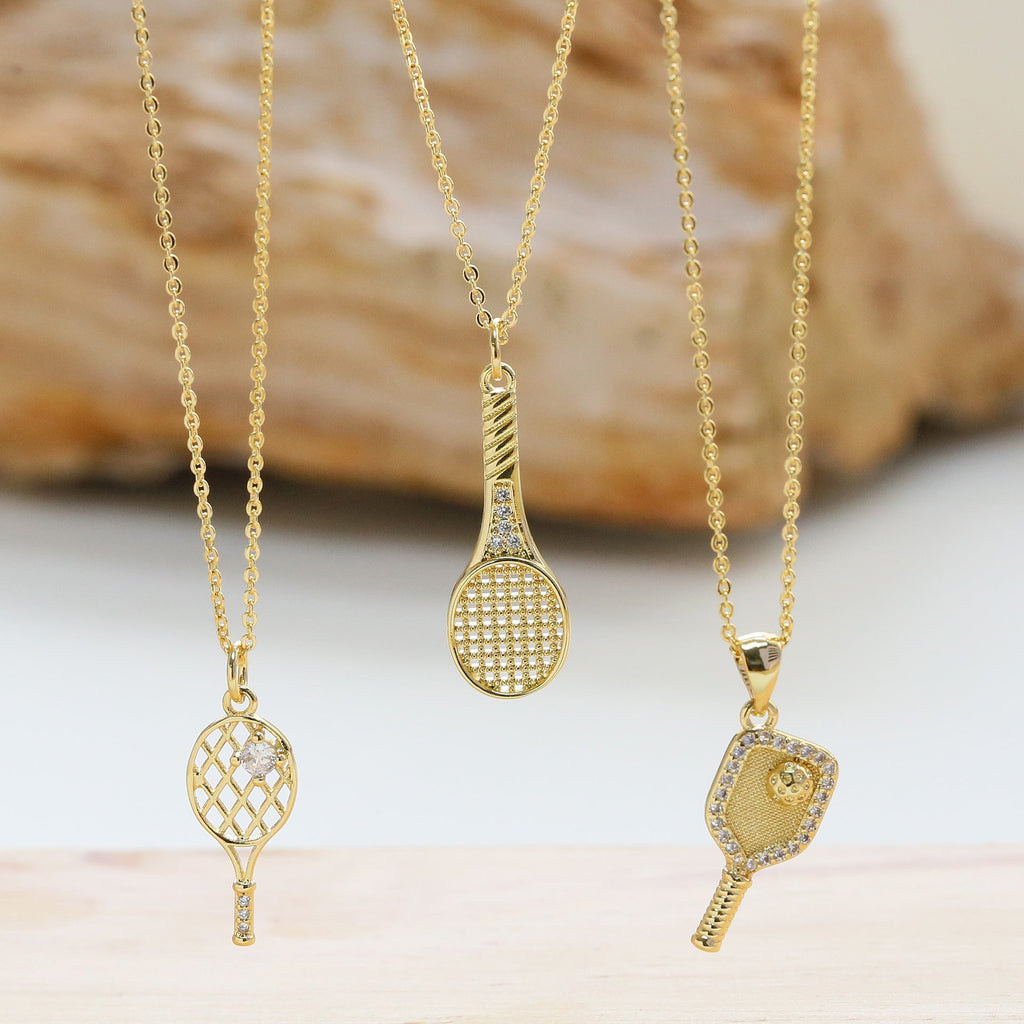 Gold Tennis Racket Necklace — gold necklace, view 4