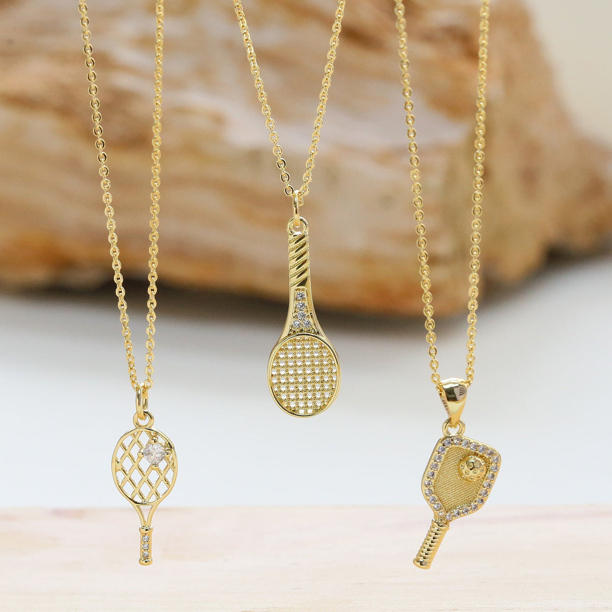 Gold Tennis Racket Necklace — gold necklace, view 4
