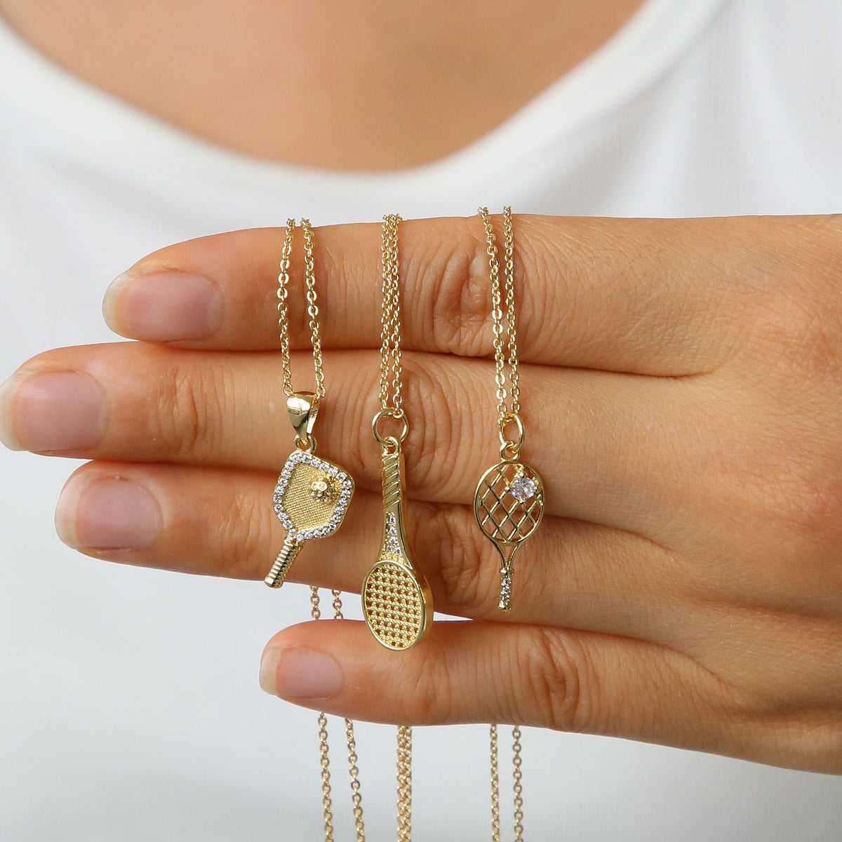 Gold Tennis Racket Necklace — gold necklace, view 5