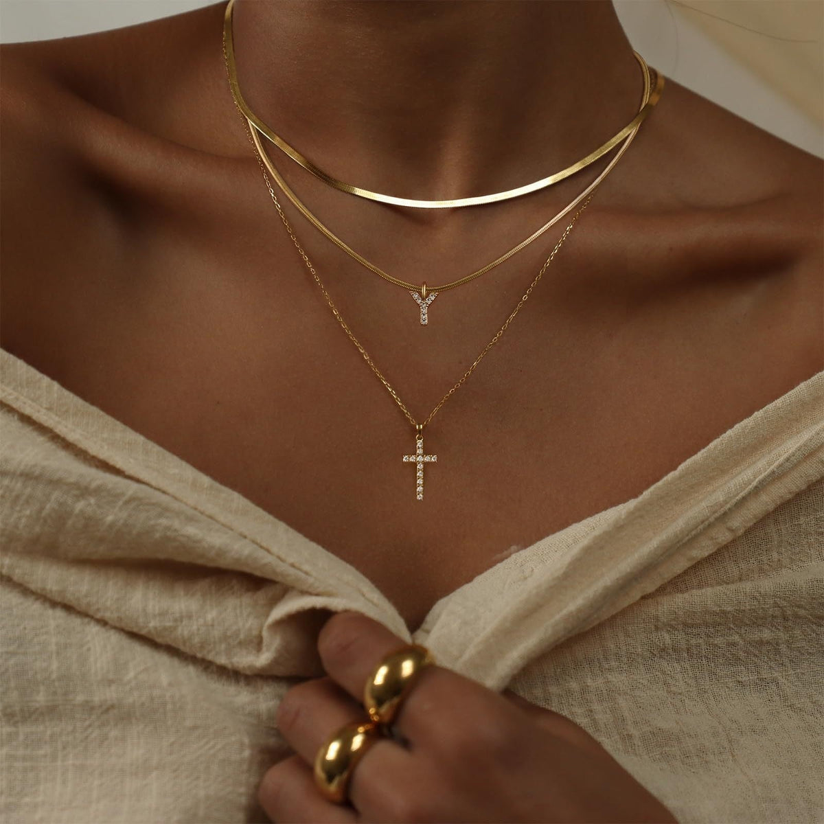 Layered Cross Pendant Necklace — necklace, view 3