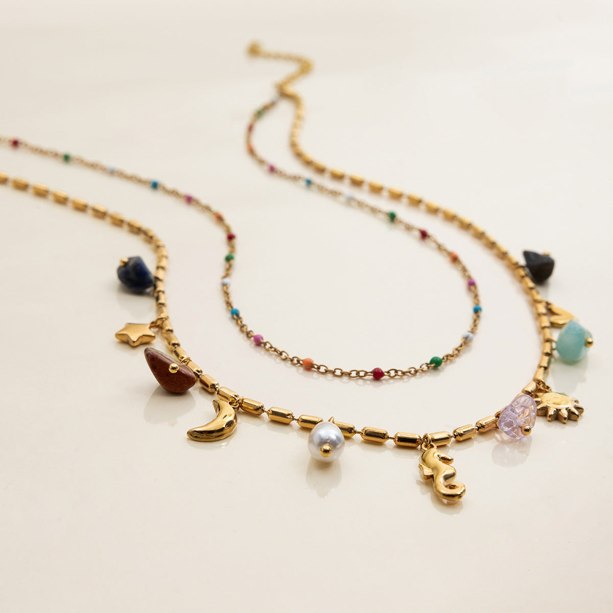 Double-Layered Stone Pendant Necklace — gold necklace, view 2
