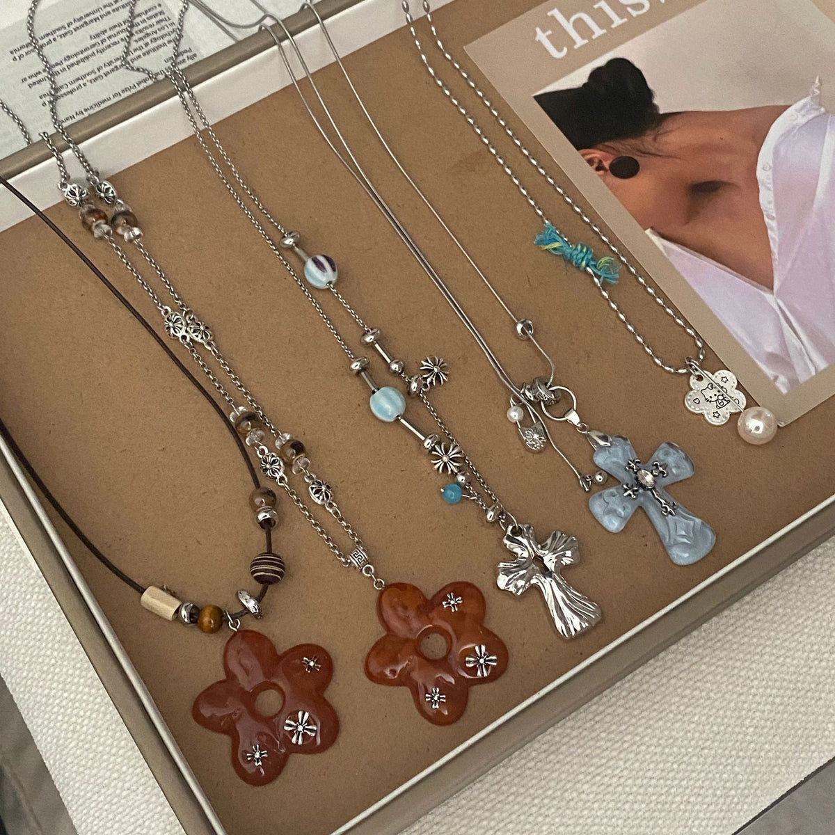 Cross And Flower Pendant Necklace — necklace, view 2