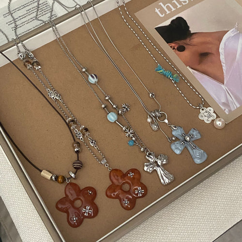 Cross And Flower Pendant Necklace — necklace, view 2