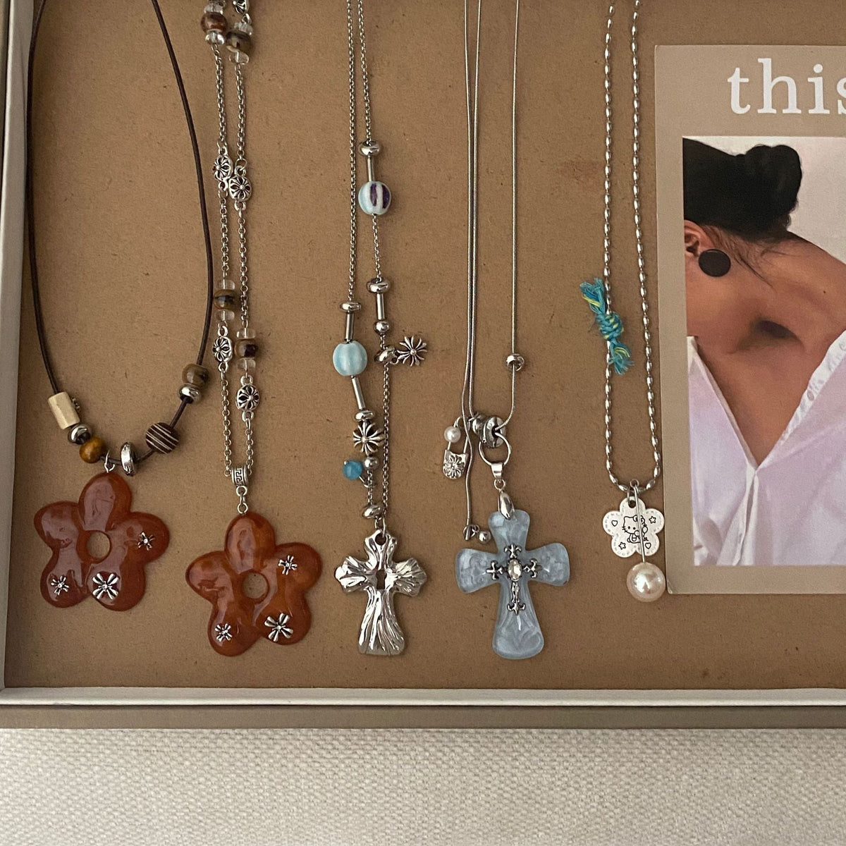 Cross And Flower Pendant Necklace — necklace, view 3