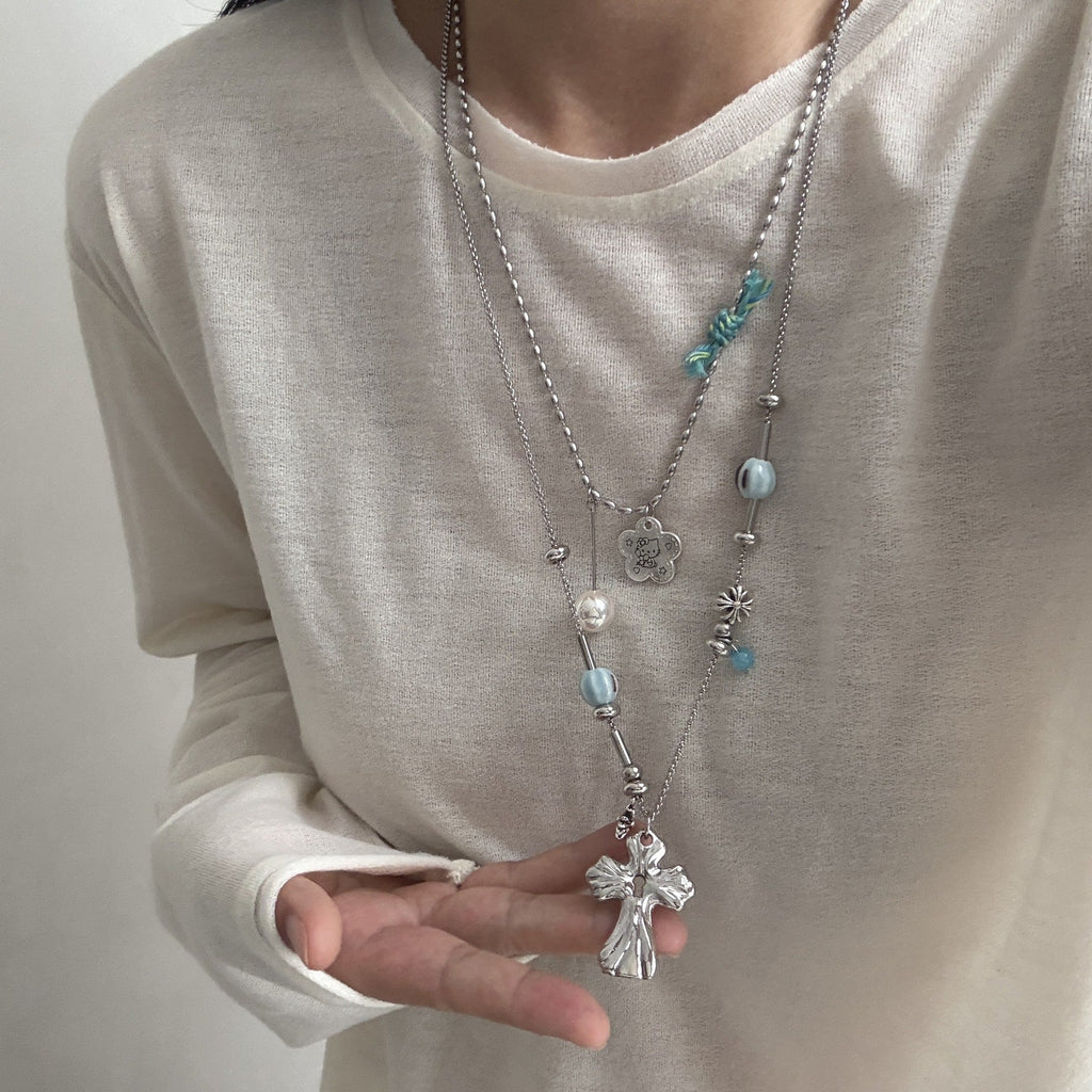 Cross And Flower Pendant Necklace — necklace, view 5