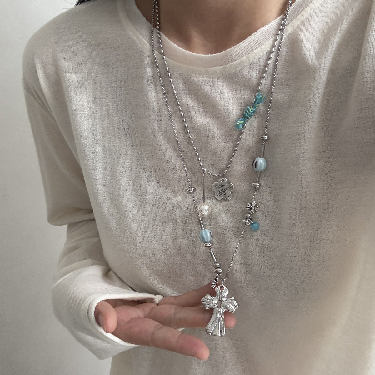 Cross And Flower Pendant Necklace — necklace, view 5