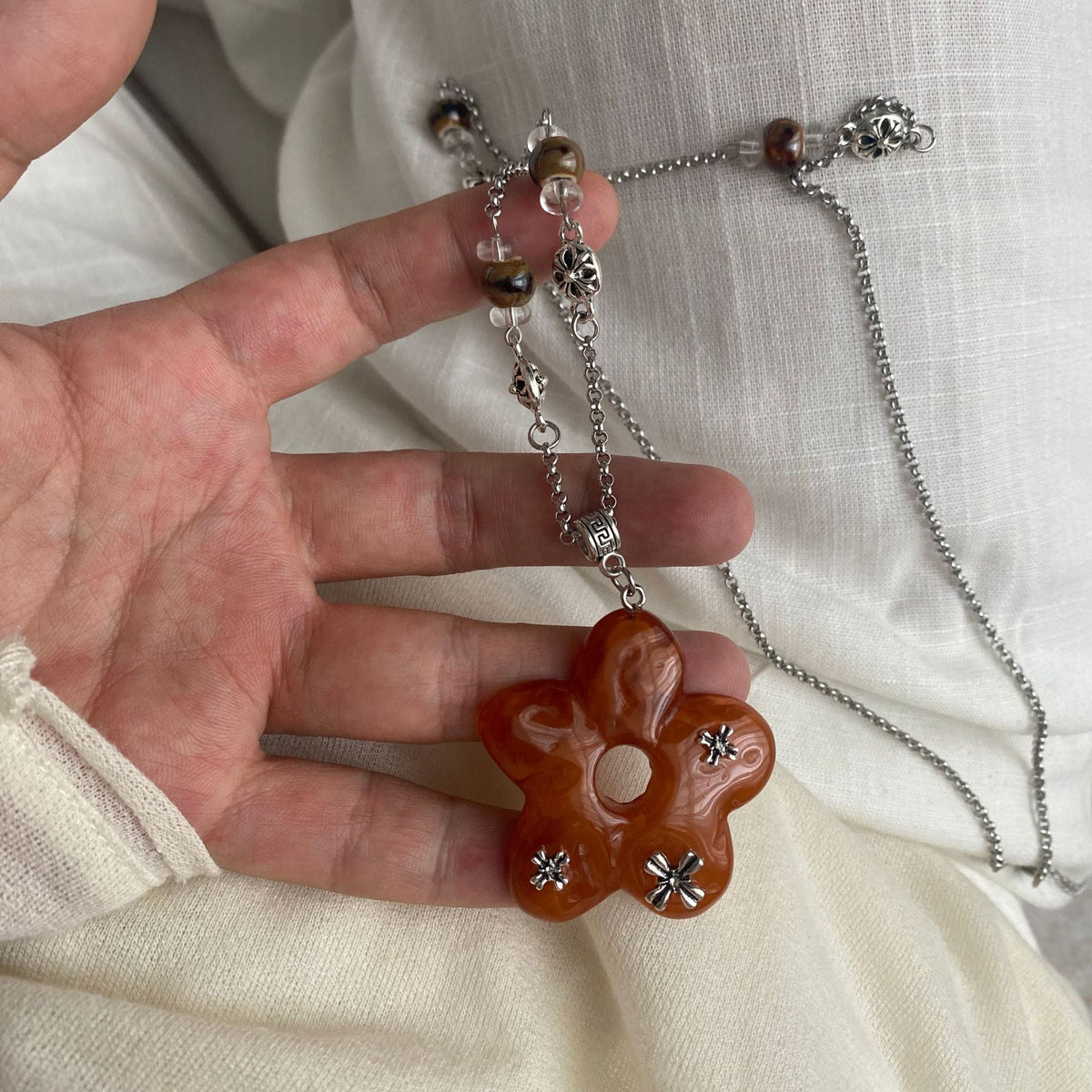 Cross And Flower Pendant Necklace — necklace, view 7