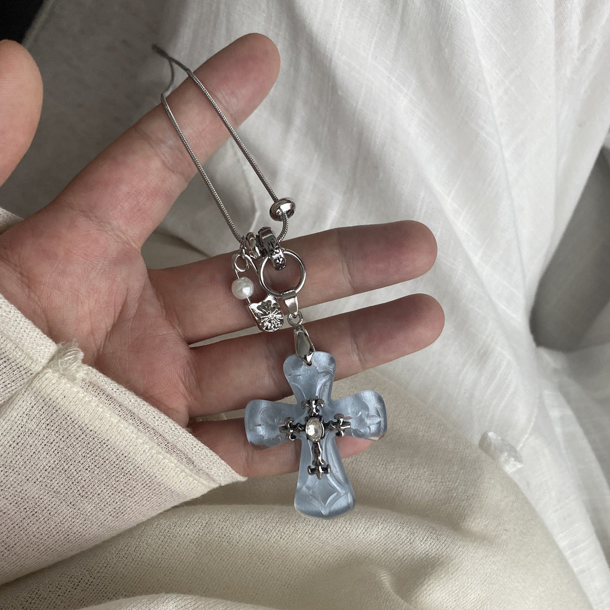 Cross And Flower Pendant Necklace — necklace, view 8