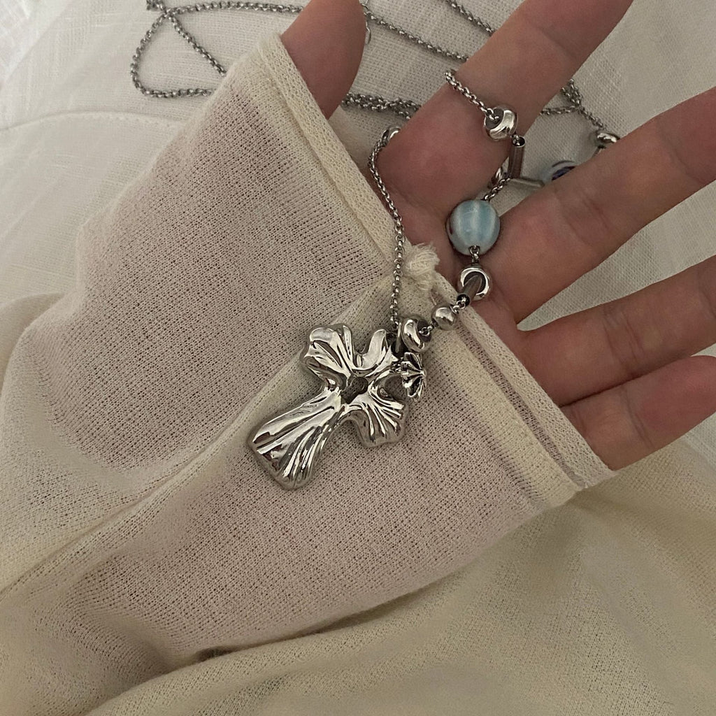 Cross And Flower Pendant Necklace — necklace, view 9