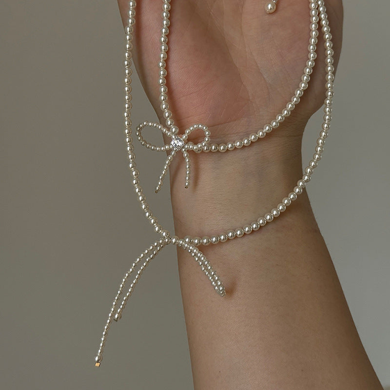 Bow Knot Pearl Chain Necklace — white necklace, view 2