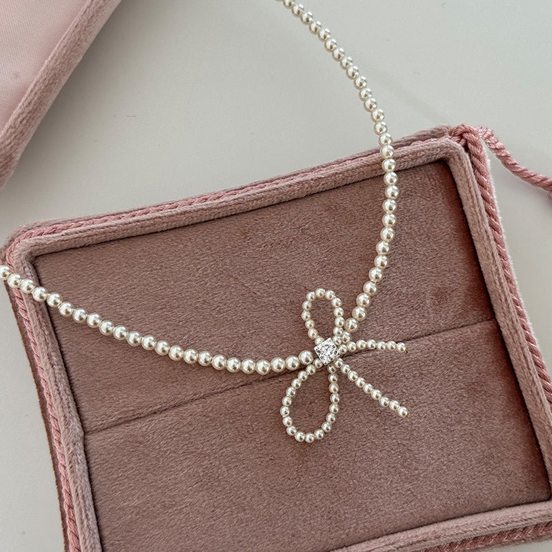 Bow Knot Pearl Chain Necklace — white necklace, view 3