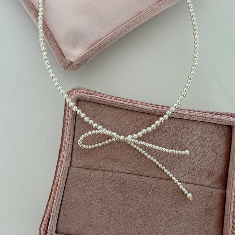 Bow Knot Pearl Chain Necklace — white necklace, view 4