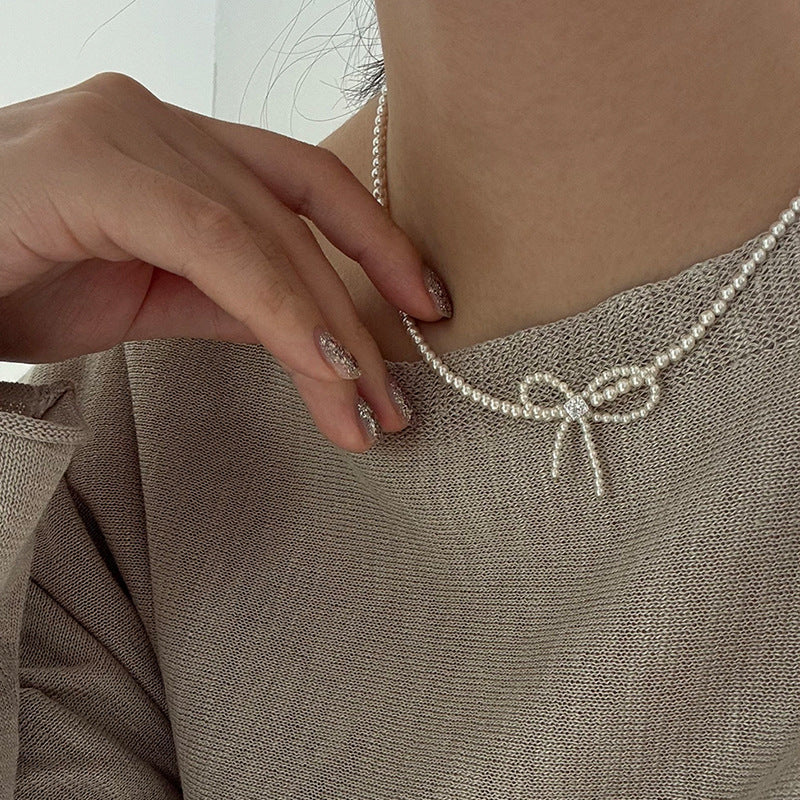 Bow Knot Pearl Chain Necklace — white necklace, view 5