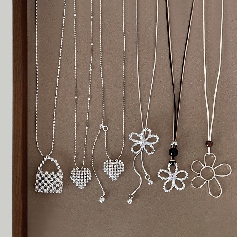 Silver-Plated Flower Heart Necklace — silver necklace, view 2
