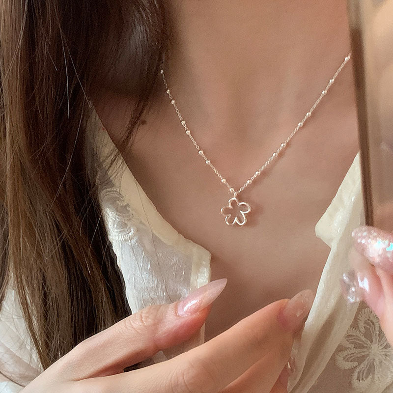 Hollow Flower Pendant Beaded Necklace — silver necklace, view 2