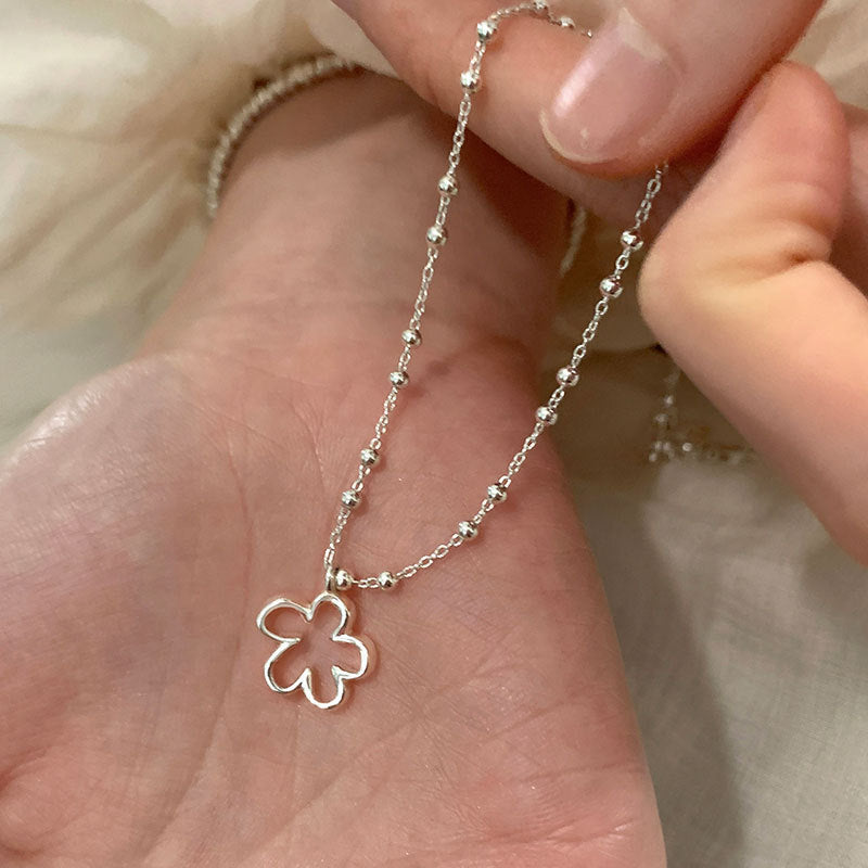 Hollow Flower Pendant Beaded Necklace — silver necklace, view 3