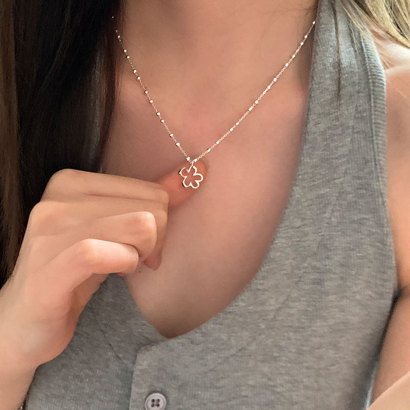 Hollow Flower Pendant Beaded Necklace — silver necklace, view 5