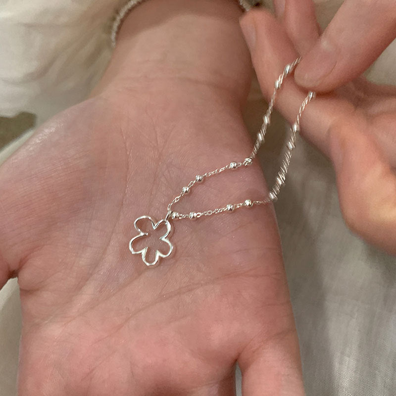 Hollow Flower Pendant Beaded Necklace — silver necklace, view 6