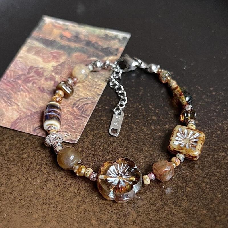 Flower Charm Beaded Chain Bracelet — brown bracelet, view 3