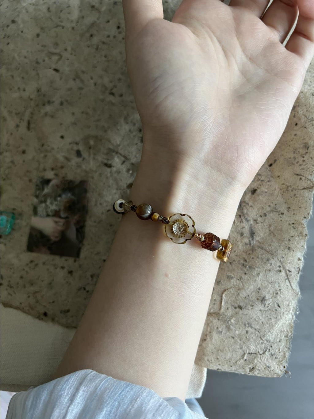 Flower Charm Beaded Chain Bracelet — brown bracelet, view 4