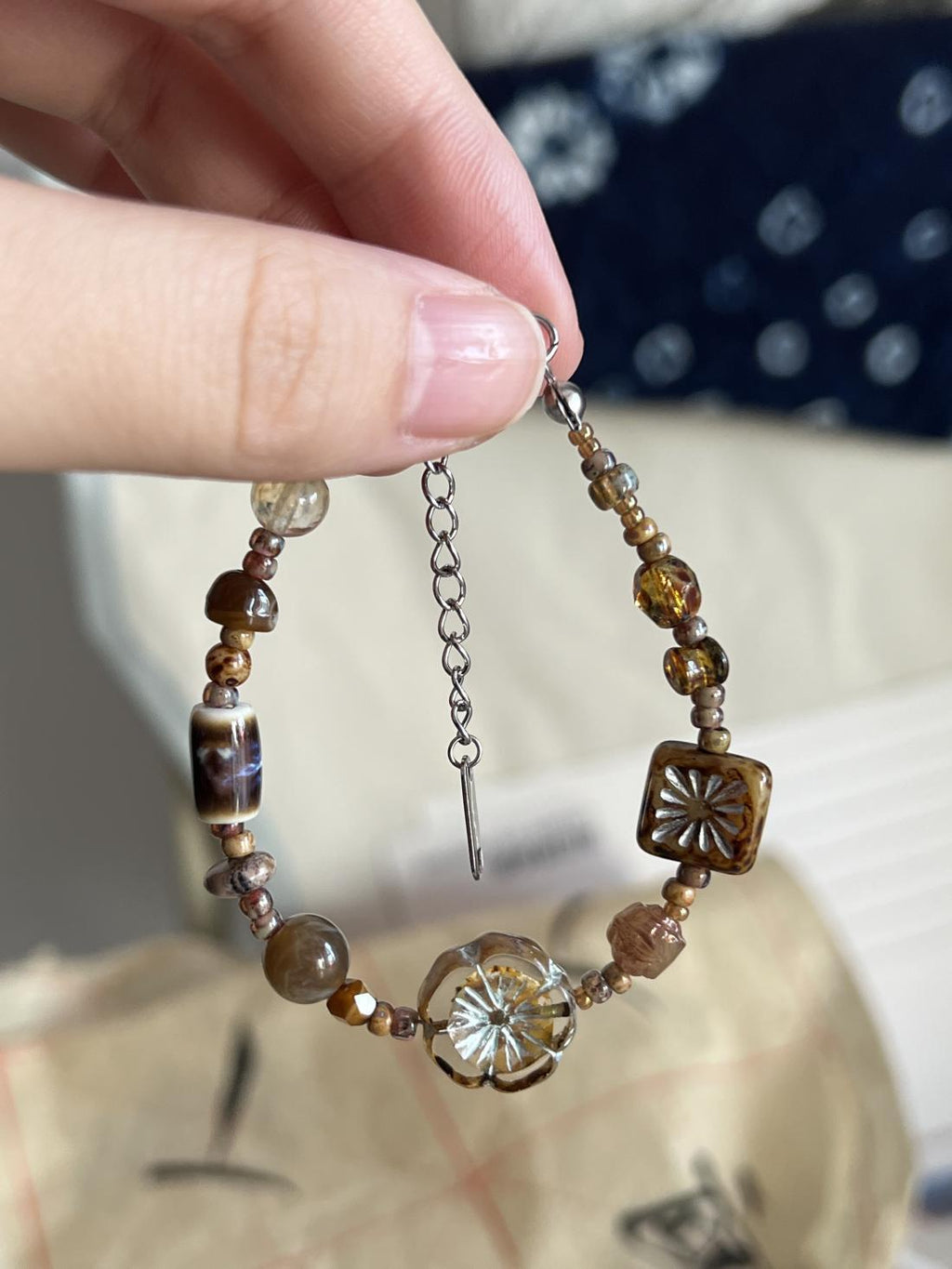 Flower Charm Beaded Chain Bracelet — brown bracelet, view 5