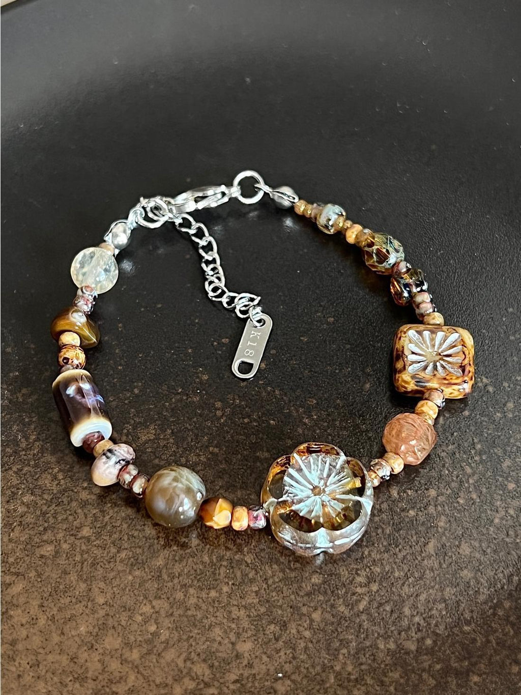 Flower Charm Beaded Chain Bracelet — brown bracelet, view 6