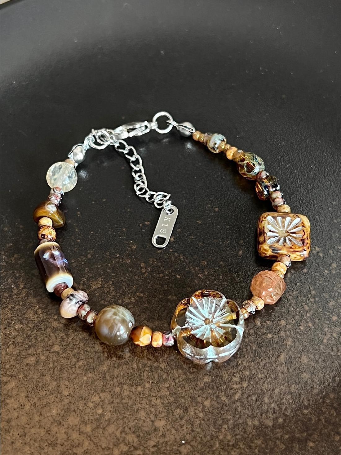 Flower Charm Beaded Chain Bracelet — brown bracelet, view 6