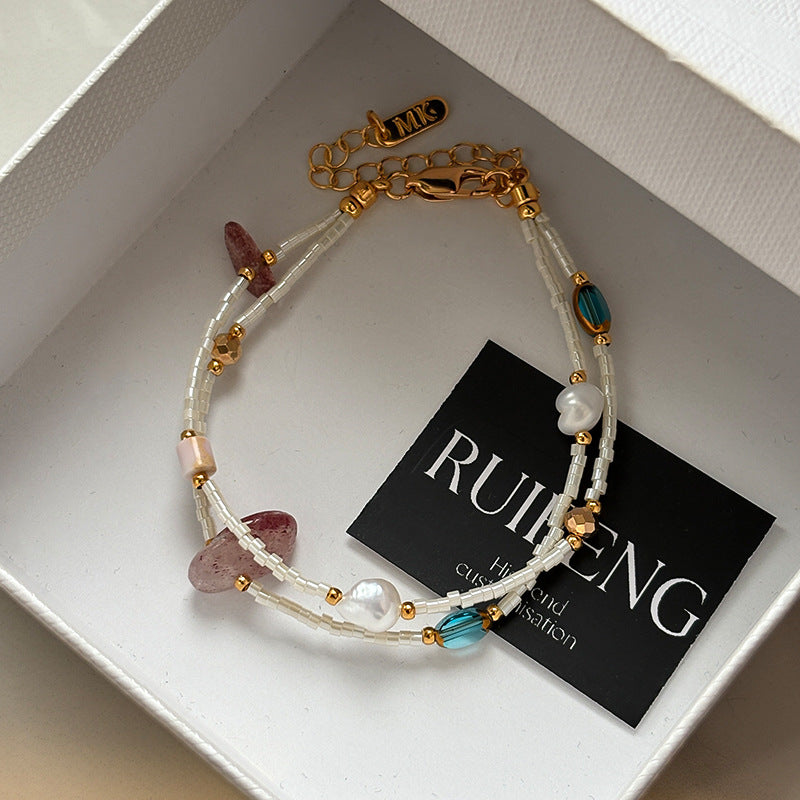 Double Layered Pearl Bracelet — beige bracelet, view 3