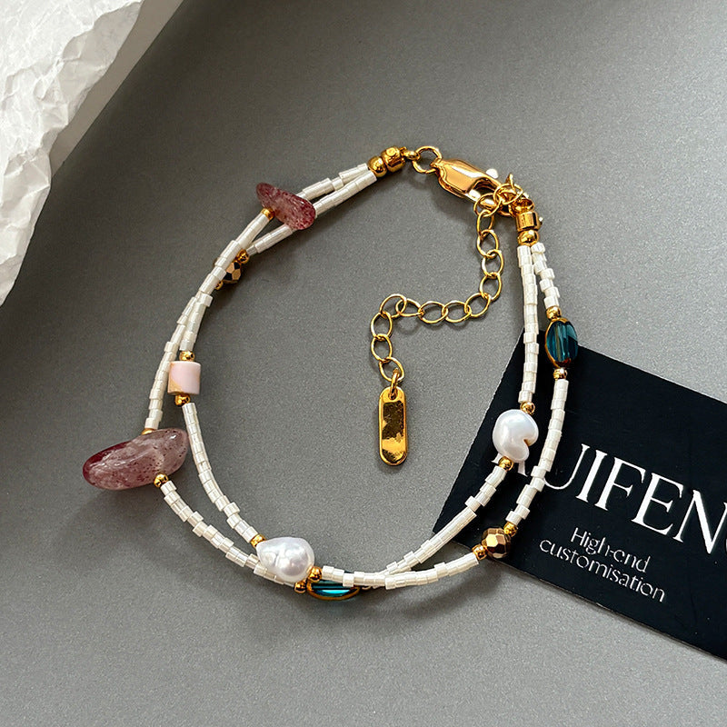 Double Layered Pearl Bracelet — beige bracelet, view 5