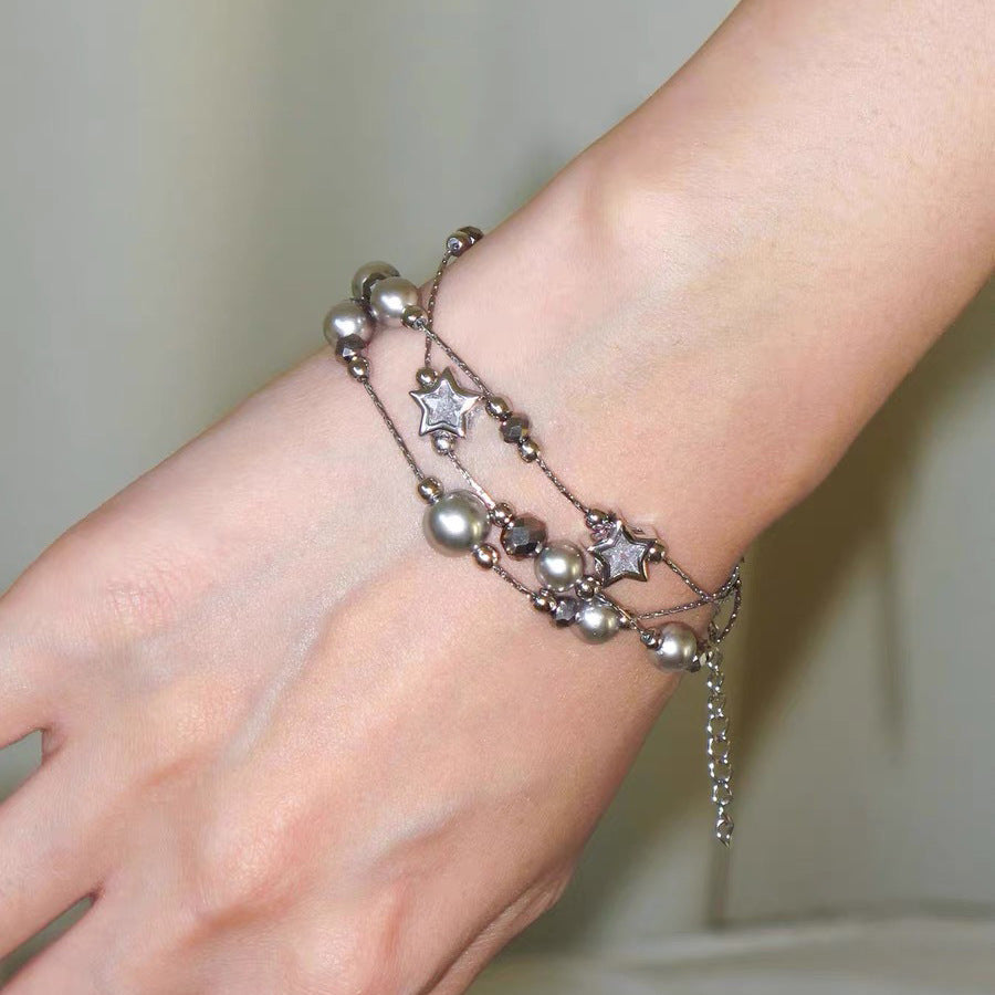 Multi-Layered Pearl Beaded Bracelet — silver bracelet, view 2