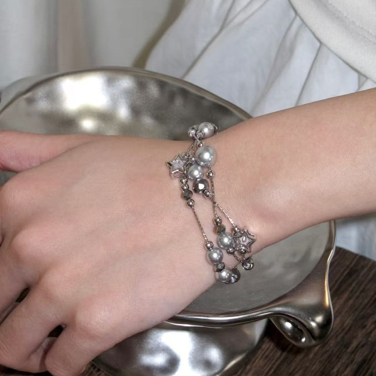 Multi-Layered Pearl Beaded Bracelet — silver bracelet, view 3