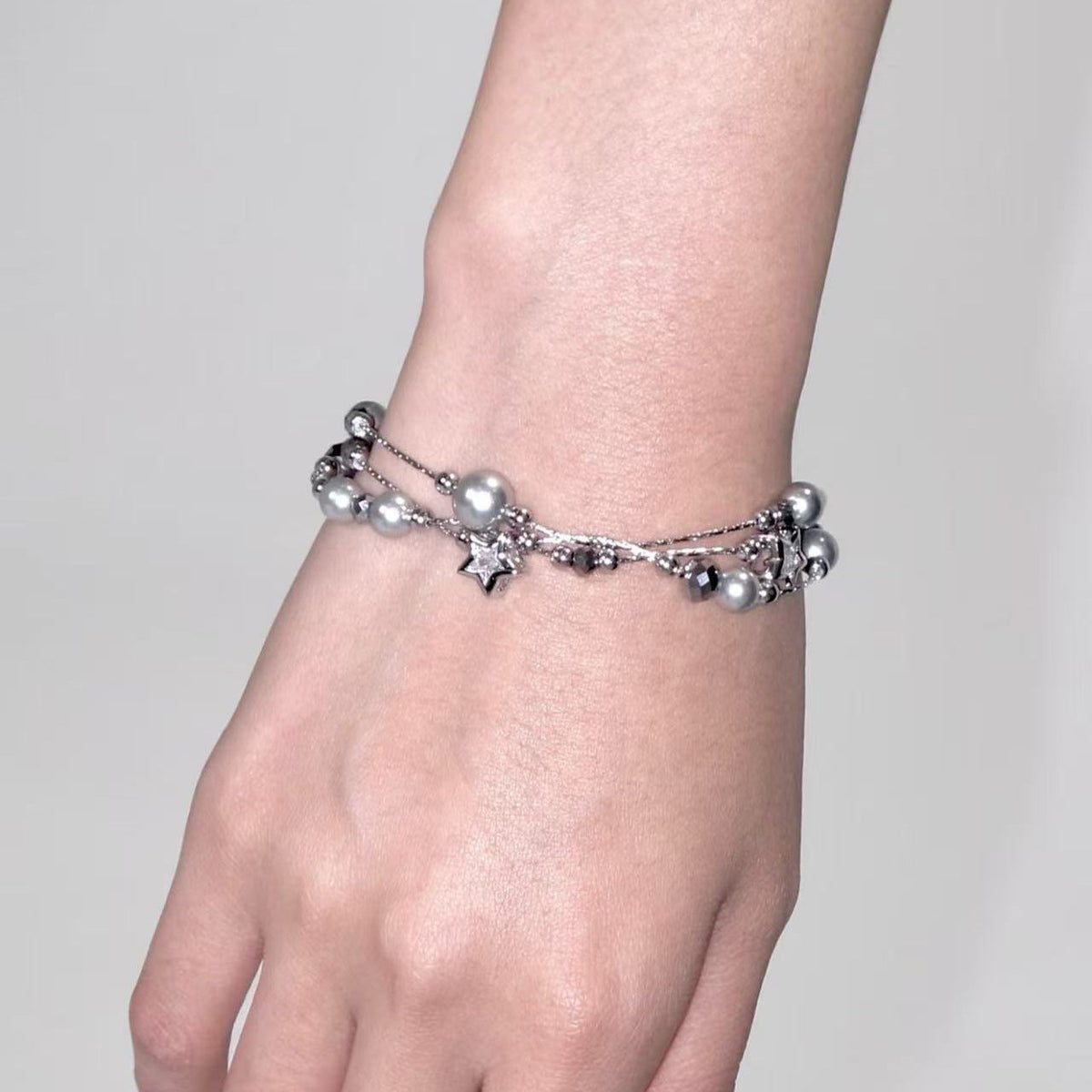 Multi-Layered Pearl Beaded Bracelet — silver bracelet, view 5