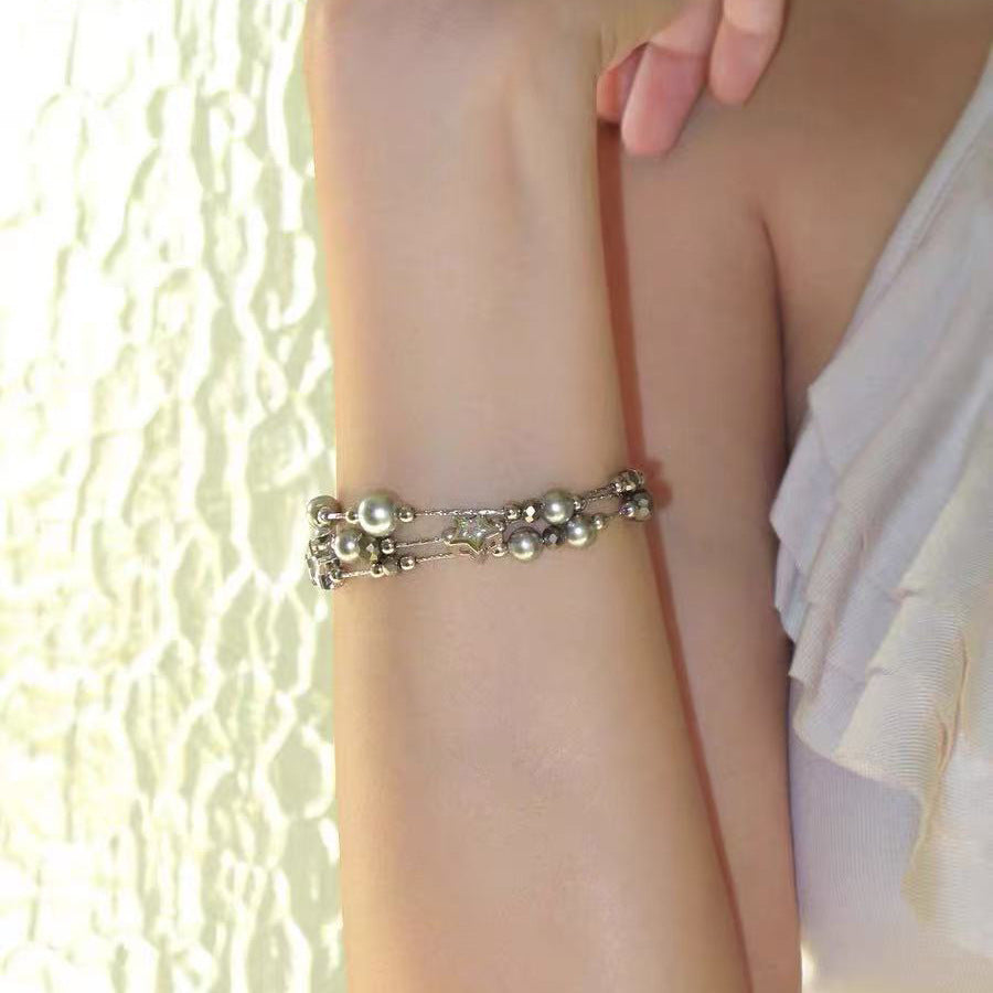 Multi-Layered Pearl Beaded Bracelet — silver bracelet, view 7