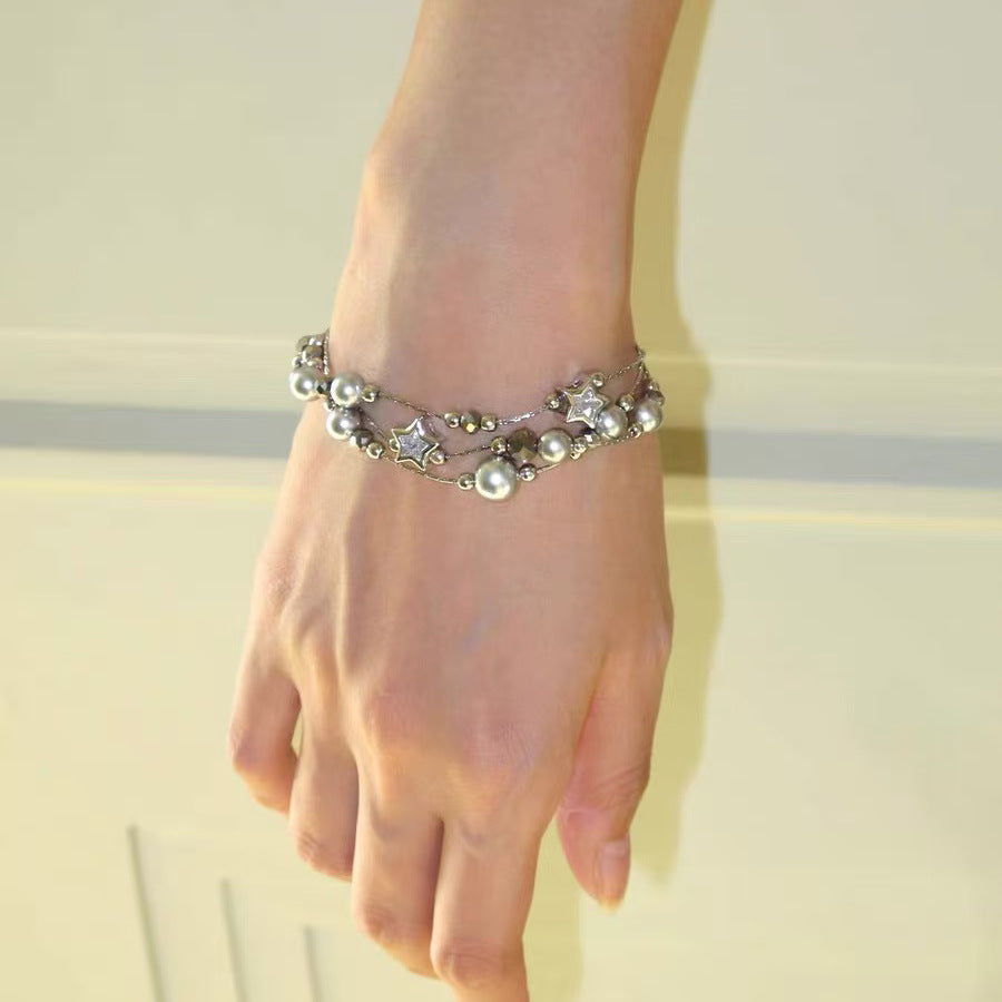 Multi-Layered Pearl Beaded Bracelet — silver bracelet, view 8