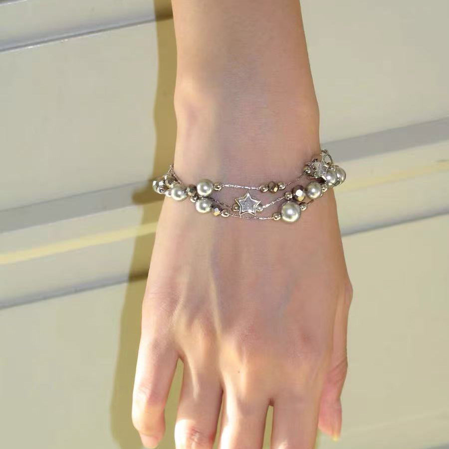 Multi-Layered Pearl Beaded Bracelet — silver bracelet, view 9