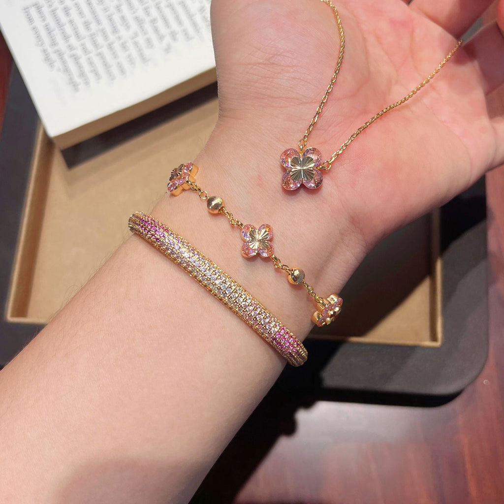 Pink Zirconia Flower Bracelet — pink bracelet, view 2