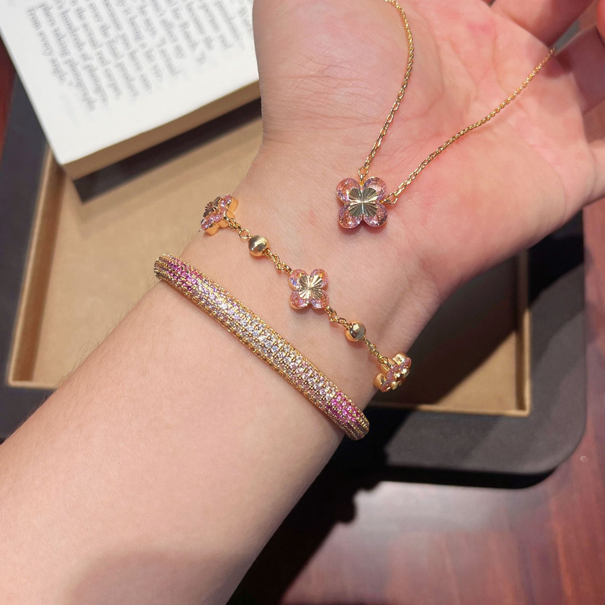 Pink Zirconia Flower Bracelet — pink bracelet, view 2
