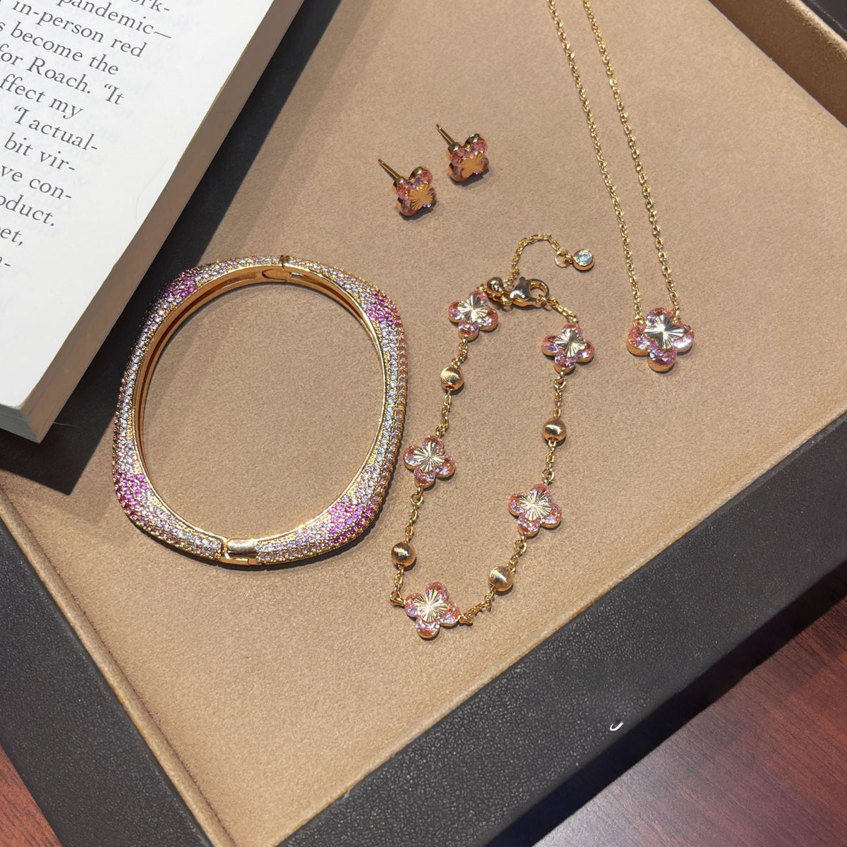 Pink Zirconia Flower Bracelet — pink bracelet, view 3